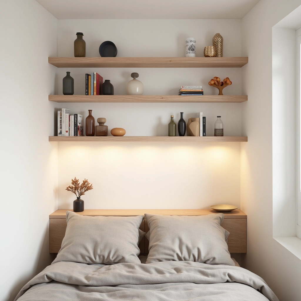 Bedroom alcove with shelving unit above desk holding art books and decorative items, minimalist Scandinavian styling