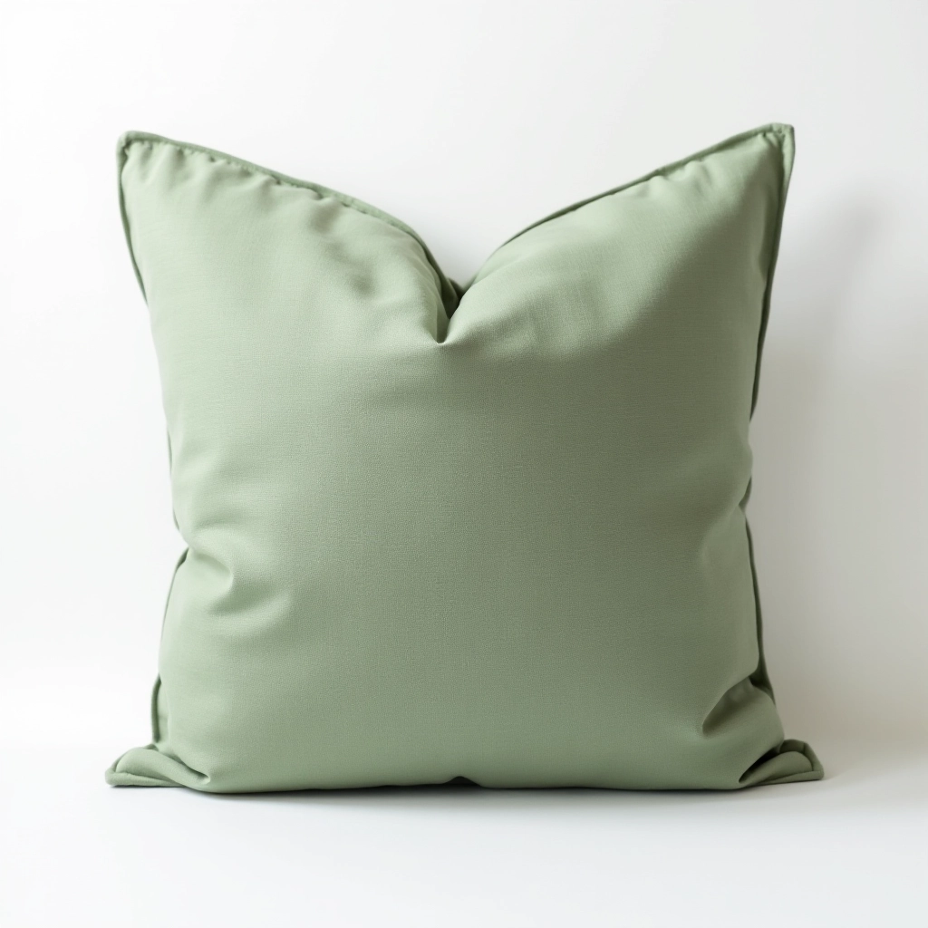 Folded sage green linen cushion cover on white background, showing natural linen texture and zipper detail