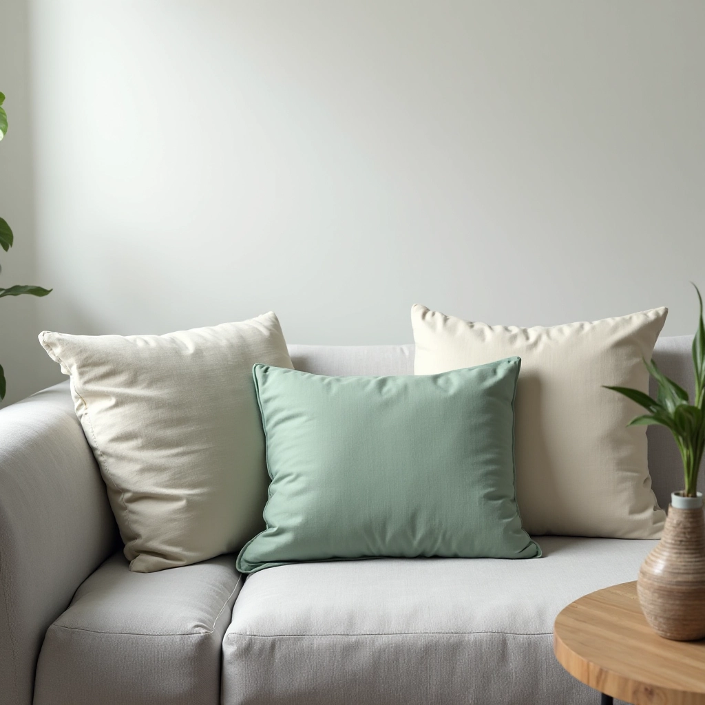 Sage green linen cushion cover styled on modern sofa with cream throw pillows and wooden coffee table in contemporary living room
