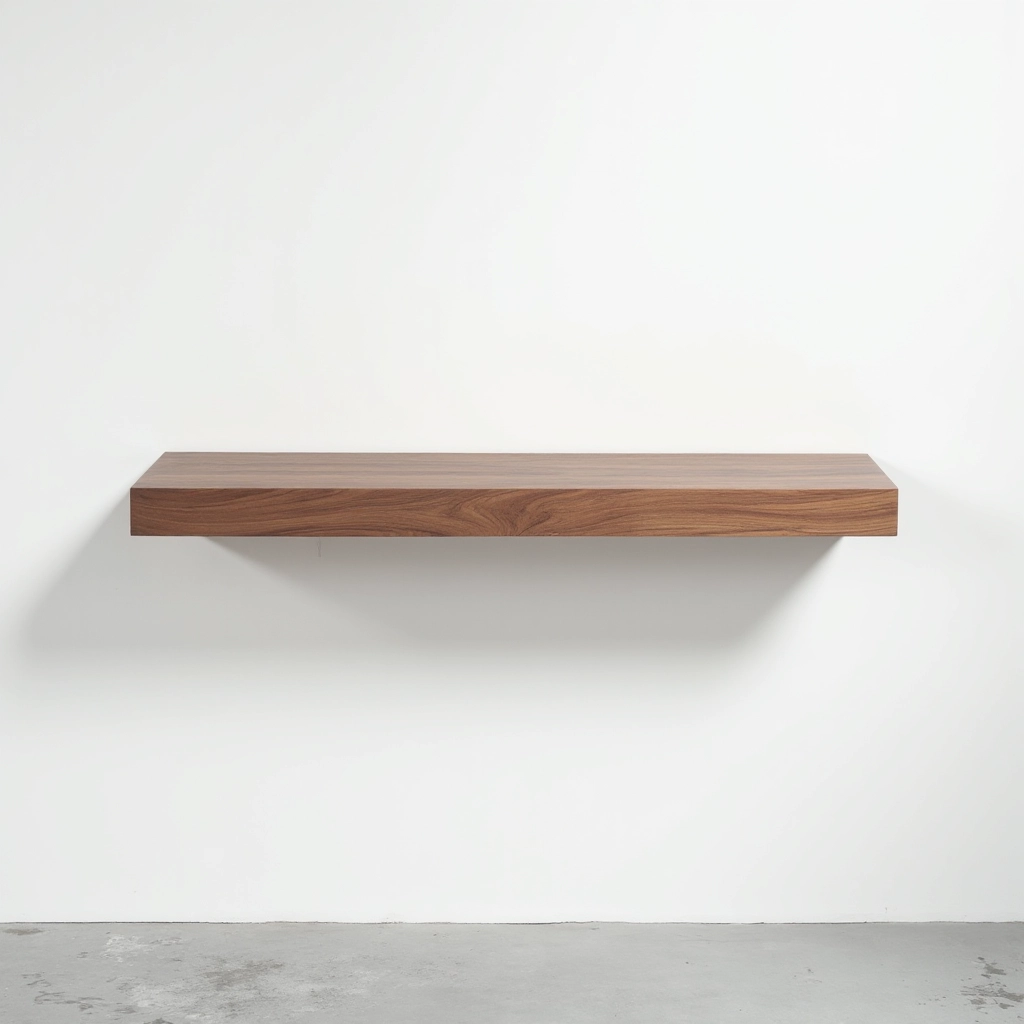 Walnut-finished oak floating shelf mounted on white wall, showing wood grain detail and warm brown tone
