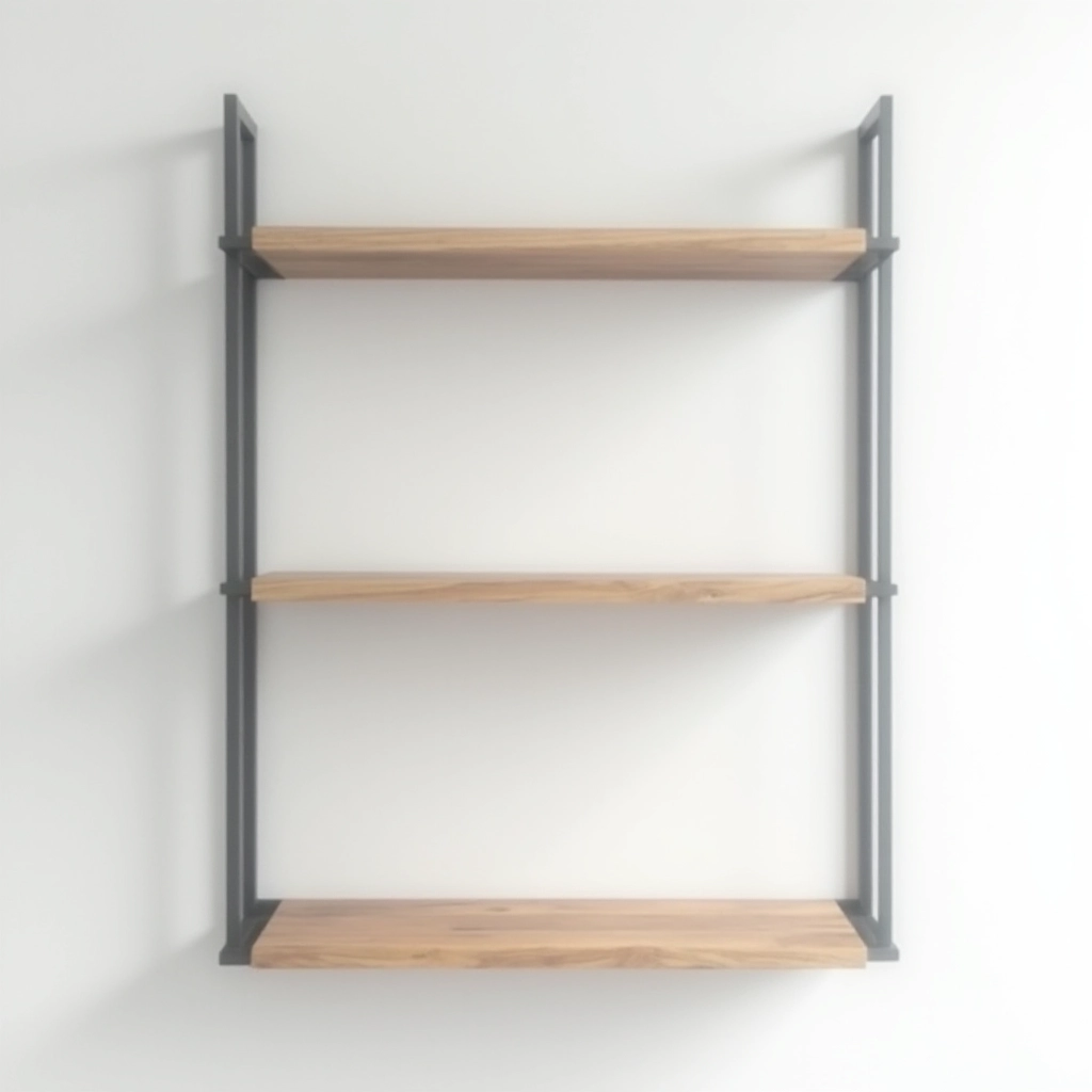 Three-tier wall-mounted shelving unit with matte black steel frame and natural pine shelves against white wall