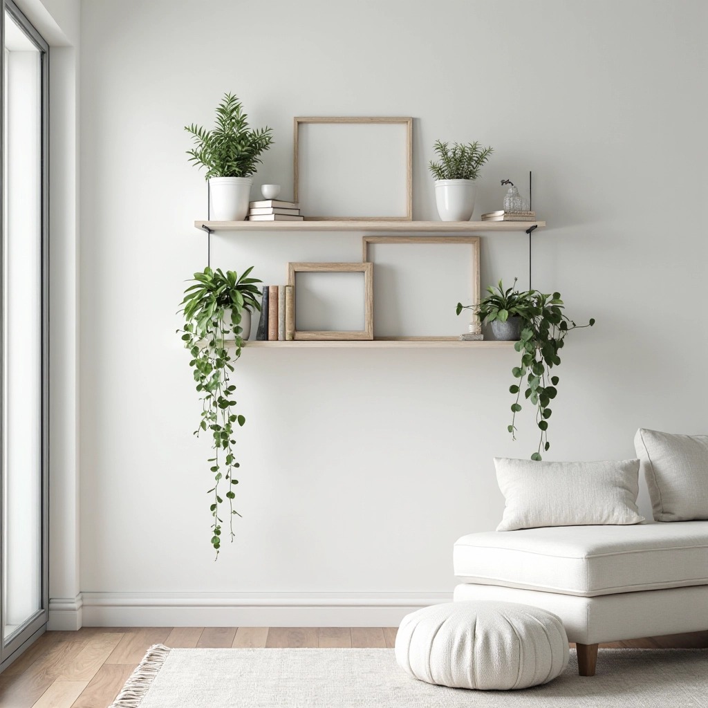 Styled shelving unit displaying books, ceramics, and trailing plants in a modern apartment setting with natural light